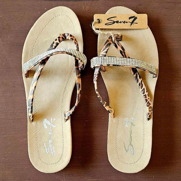 SEVEN7 Women's New In Bag Cheetah Rhinestone Faux Leather Thong/Sandal - Picture 3 of 16